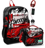 Coral High Okul Çantası ve Beslenme Çanta Seti - Usb Soketli - Siyah Kırmızı Araba Erkek Çocuk thumbnail 1