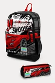 Coral High Kids Siyah Kırmızı Anime Araba Desenli 2'li Okul Çanta Seti - Erkek Çocuk thumbnail 1