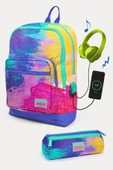 Coral High Kids Renkli Airbrush Desenli USB'li 2'li Okul Çanta Seti - Kız Çocuk thumbnail 1