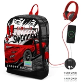 Coral High Siyah Kırmızı Araba USB Soketli Üçlü İlkokul Çanta Seti - Erkek Çocuk thumbnail 3