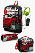 Coral High Kids Siyah Kırmızı Anime Araba Desenli USB'li 3'lü Okul Çanta Seti - Erkek Çocuk thumbnail 1