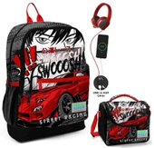 Coral High Siyah Kırmızı Araba Okul ve Beslenme Çantası Seti - Usb Soketli - Erkek Çocuk thumbnail 1