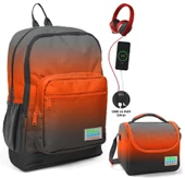 Coral High Siyah Turuncu Gradyan Okul ve Beslenme Çantası Seti - Usb Soketli - Erkek Çocuk - 1