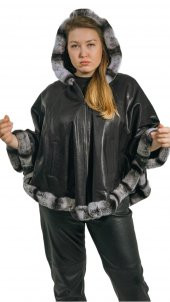 Freya Gerçek Kürklü Hakiki Deri Kadın Kapşonlu Cepli Çift Taraflı Giyilebilir Her Bedene Uygun Panço Hilda Deri - 1