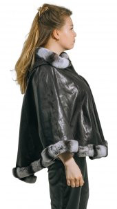 Freya Gerçek Kürklü Hakiki Deri Kadın Kapşonlu Cepli Çift Taraflı Giyilebilir Her Bedene Uygun Panço Hilda Deri - 2