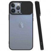 İphone 13 Pro Uyumlu Sürgülü Kamera Lens Korumalı Kılıf Siyah Arkası Yanları Buzlu Mat - 1