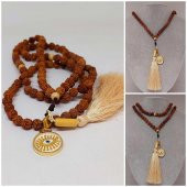 Rudraksha Tohumlu Krem Püsküllü Göz Aparatlı 108lik Tibet Stili El Yapımı Mala Kolye thumbnail 1