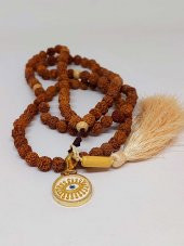 Rudraksha Tohumlu Krem Püsküllü Göz Aparatlı 108lik Tibet Stili El Yapımı Mala Kolye thumbnail 5
