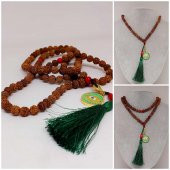 Rudraksha Tohumlu Yeşil Püsküllü Göz Aparatlı 108lik Tibet Stili El Yapımı Mala Kolye thumbnail 1
