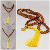 Rudraksha Tohumlu Sarı Püsküllü Lotus Aparatlı 108lik Tibet Stili El Yapımı Mala Kolye thumbnail 1