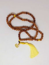 Rudraksha Tohumlu Sarı Püsküllü Lotus Aparatlı 108lik Tibet Stili El Yapımı Mala Kolye thumbnail 4