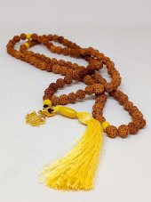 Rudraksha Tohumlu Sarı Püsküllü Lotus Aparatlı 108lik Tibet Stili El Yapımı Mala Kolye thumbnail 5