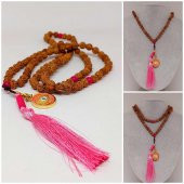 Rudraksha Tohumlu Pembe Püsküllü Göz Aparatlı 108lik Tibet Stili El Yapımı Mala Kolye thumbnail 1