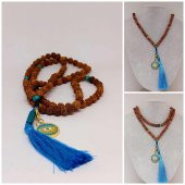 Rudraksha Tohumlu Mavi Püsküllü Göz Aparatlı 108lik Tibet Stili El Yapımı Mala Kolye thumbnail 1