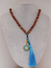 Rudraksha Tohumlu Mavi Püsküllü Göz Aparatlı 108lik Tibet Stili El Yapımı Mala Kolye thumbnail 2