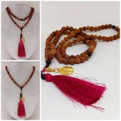 Rudraksha Tohumlu  Bordo Püsküllü Yaşam Ağacı Aparatlı 108lik Tibet Stili El Yapımı Mala Kolye thumbnail 1