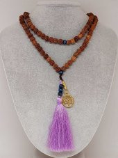 Rudraksha Tohumlu  Mor Püsküllü Yaşam Ağacı Aparatlı 108lik Tibet Stili El Yapımı Mala Kolye thumbnail 2