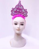 Parti Happy Birthday Neon Pembe Renk Doğum Günü Tacı 24x15 cm thumbnail 2