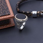 925 Ayar Gümüş Oniks Taşlı Otantik Desenli Erkek Yüzük - 2