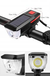 Solar Enerjili Usb Ile Şarj Edilebilir Ledli Bisiklet Feneri Kornalı Ve Su Geçirmez Far - 11