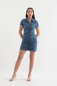 Kısa Kollu Önden Düğmeli Jean Elbise Mavi - 6