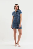 Kısa Kollu Önden Düğmeli Jean Elbise Mavi - 4