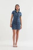 Kısa Kollu Önden Düğmeli Jean Elbise Mavi - 5