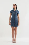 Kısa Kollu Önden Düğmeli Jean Elbise Mavi - 7