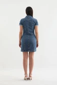 Kısa Kollu Önden Düğmeli Jean Elbise Mavi - 8