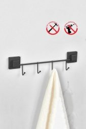 Askılık, Yapışkanlı 4 Lü Askı Siyah, Havlu Askılığı, Banyo Askılığı, Kıyafet Askılığı - 2