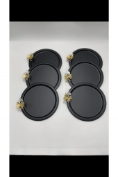 6LI Gold Kelebekli Yuvarlak Siyah  Sunum Tepsisi, Dekoratif Servis Tepsisi, Çay, Pasta Kahve 24 Cm - 1