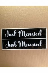 Gelin Arabası Plakalık Just Married Yazılı Siyah Üzeri Beyaz Yazı Kendinden Yapışkanlı - 1