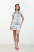 Kısa Kollu Önden Düğmeli Jean Elbise Açık Mavi thumbnail 5