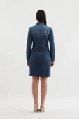 Kadın Uzun Kollu Düğmeli Jean Elbise Koyu Mavi - 7