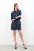 Kadın Uzun Kollu Düğmeli Jean Elbise Lacivert - 5