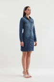 Kadın Uzun Kollu Düğmeli Jean Elbise Koyu Mavi - 5