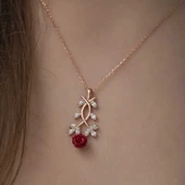 925 Ayar Gümüş Rose Kırmızı Gül Gümüş Kolye thumbnail 4