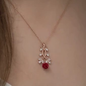 925 Ayar Gümüş Rose Kırmızı Gül Gümüş Kolye thumbnail 3