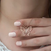 925 Ayar  Gümüş Rose Bahar Kelebeği Kadın Gümüş Kolye thumbnail 3