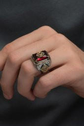 Kırmızı Taşlı Çiçek Motifli 925 Gümüş Erkek Yüzük thumbnail 1