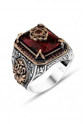 Kırmızı Taşlı Çiçek Motifli 925 Gümüş Erkek Yüzük thumbnail 2