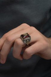 Kırmızı Taşlı Çiçek Motifli 925 Gümüş Erkek Yüzük thumbnail 3