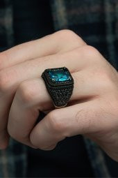 Kare Aqua Mavi Taşlı 925 Gümüş Erkek Yüzük thumbnail 1