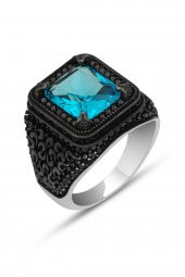 Kare Aqua Mavi Taşlı 925 Gümüş Erkek Yüzük thumbnail 2
