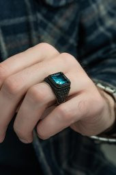 Kare Aqua Mavi Taşlı 925 Gümüş Erkek Yüzük thumbnail 3