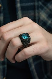 Kare Aqua Mavi Taşlı 925 Gümüş Erkek Yüzük thumbnail 4