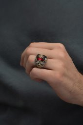 Kırmızı Taşlı Çiçek Motifli 925 Gümüş Erkek Yüzük thumbnail 6