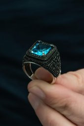 Kare Aqua Mavi Taşlı 925 Gümüş Erkek Yüzük thumbnail 6