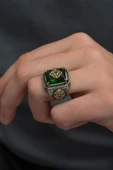Yeşil Taşlı Çiçek Motifli 925 Gümüş Erkek Yüzük thumbnail 1