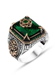 Yeşil Taşlı Çiçek Motifli 925 Gümüş Erkek Yüzük thumbnail 2